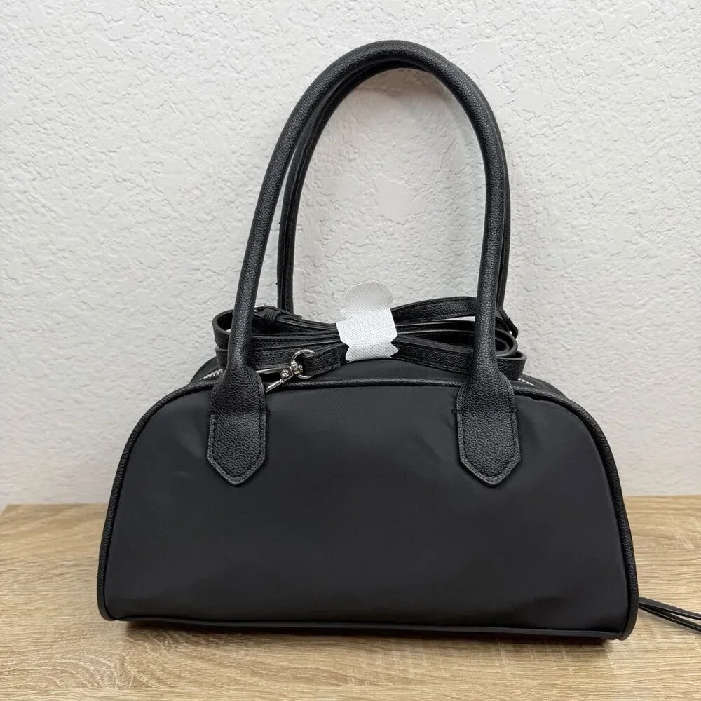 Madden NYC East West Bowler Bag Black Nylon Crossbody Shoulder Bag Heart Charm